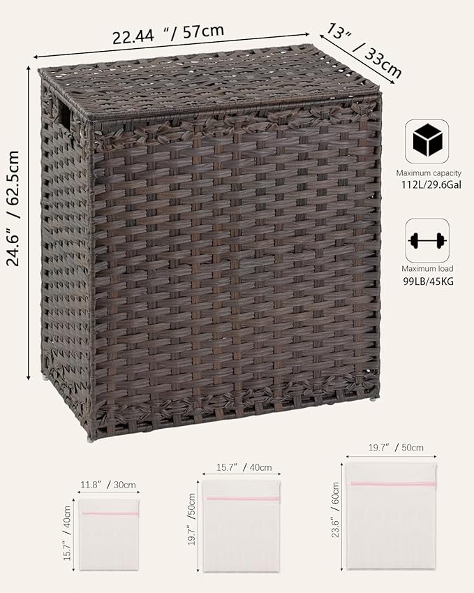 Laundry Hamper with Lid Wicker Laundry Basket 112 L (29.6 Gal) Laundry Hampers Handwoven Rattan Laundry Hamper with Handles 3 Removable Washing Bag, 6 Mesh Bags for Bathroom Bedroom Brown