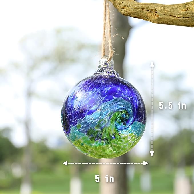 VCUTEKA Hanging Garden Gazing Ball, Hand-Blown Glass Witch Ball for Outdoor Garden Décor, 6" Colorful Swirl