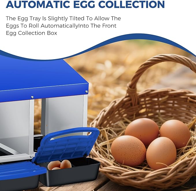 Chicken Nesting Boxes, Metal Rollaway Chicken Nest Box with Rollout Egg Collection, Removable Tray & Nesting Pads, Egg Laying Box for Chicken Coop Hens, Wall Mount or Standing, 3 Compartments, Blue