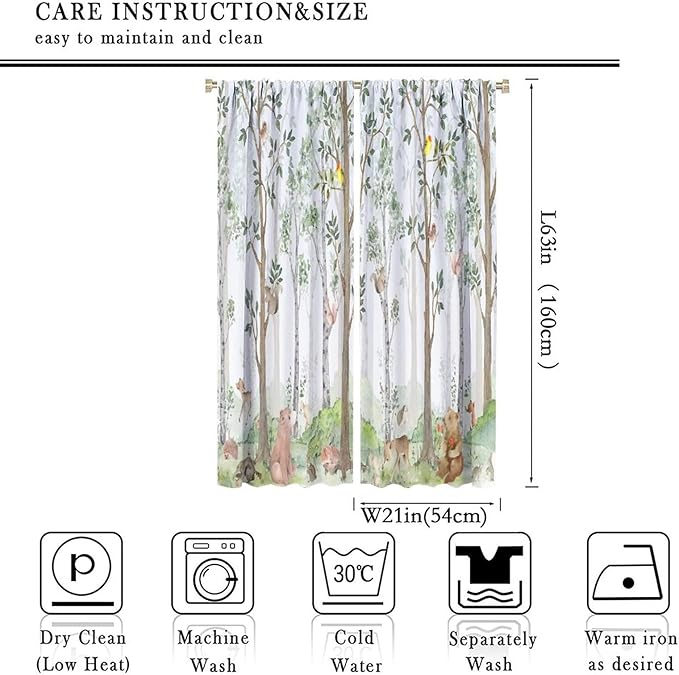 Kids Watercolor Woodland Animal Window Curtains, Bear Deer Squirrel Hedgehog Fox Birds Green Forest Blackout Rod Pocket Treatment for Boys Girls Bedroom 42x63in