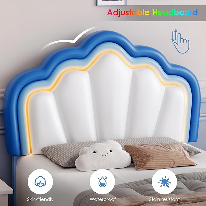 HOSTACK Twin Upholstered LED Bed Frame with Storage Drawers, Cute Boys Bed with Adjustable Lotus Headboard, Faux Leather Platform Bed Frame, Wooden Slats Support, No Box Spring Needed, Blue/White