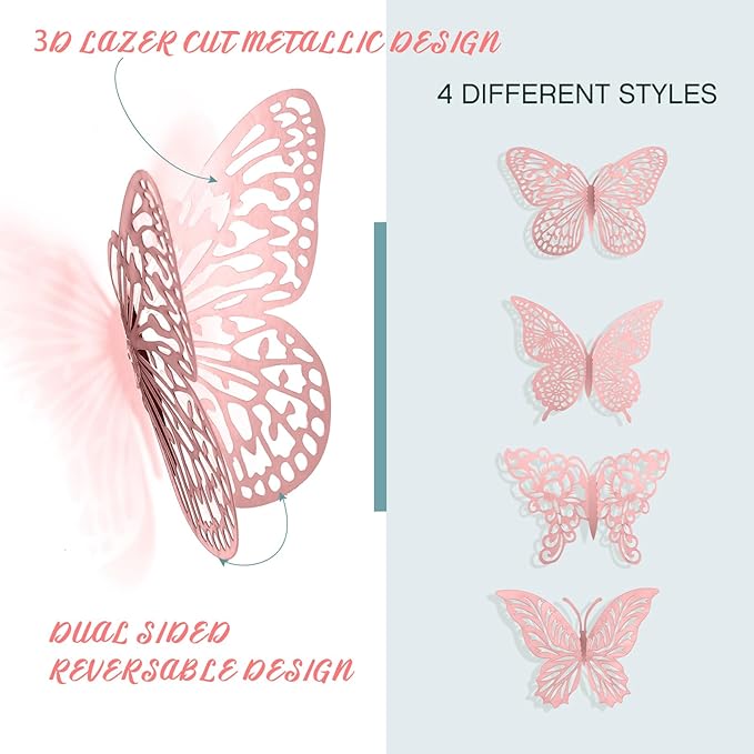 3D Pink Butterfly Wall Decor 3 Sizes 4 Styles Butterfly Party Decorations Cake Decorations Removable Stickers Wall Decor Room Mural Metallic Kids (Pink, 48Pcs)