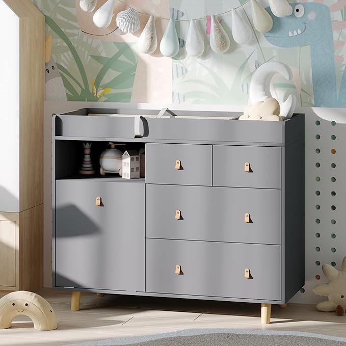 Baby Changing Table Dresser with 5 Drawers, Baby Nursery Dresser with Tilt Out Laundry Basket, Infant Changing Station Organizer for Nursery and Bedroom, Grey (45" W x 18" D x 37" H)