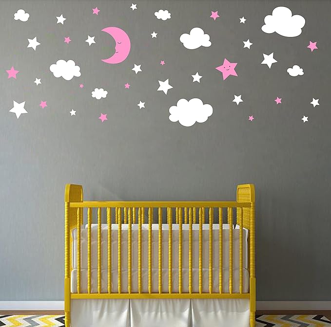 Crescent Moon Stars and Clouds Wall Decals Moon and Stars Nursery Wall Stickers Starry Sky Playroom Decor Kids Rooms Mural Kids Room Wall Art Y59 (White,Pink)