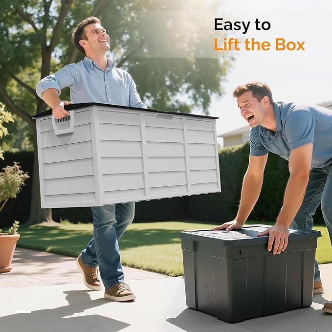 VINGLI 75 Gallon Outdoor Storage Box, Lockable Plastic Storage Containers with Lid, Patio Deck Box Furniture for Garden, Pool, Balcony, Yard (White)