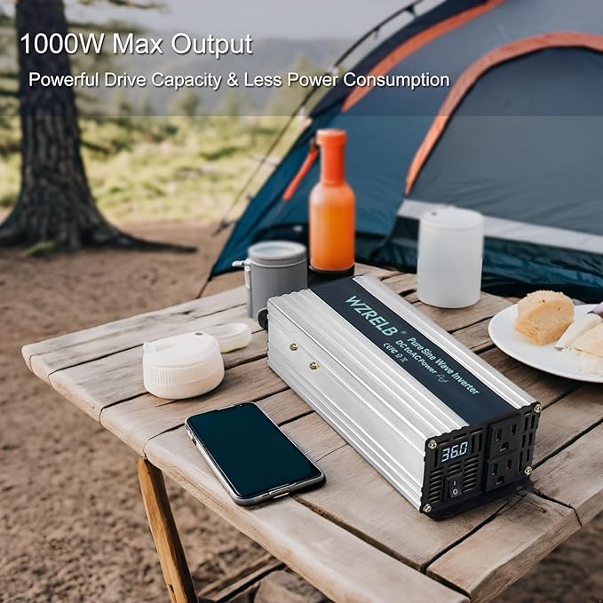 WZRELB 1000W Pure Sine Wave Inverter 12V DC to 110V 120V AC,Car Power Inverter with Dual AC Outlets, LED Display,Off-Grid Portable Power Converter for Home, RV, Truck, Camping