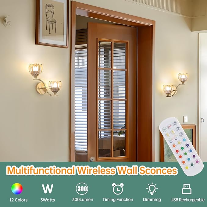 Battery Operated Wall Sconce, 2-Lights Vinatge Brass Wall Lighting