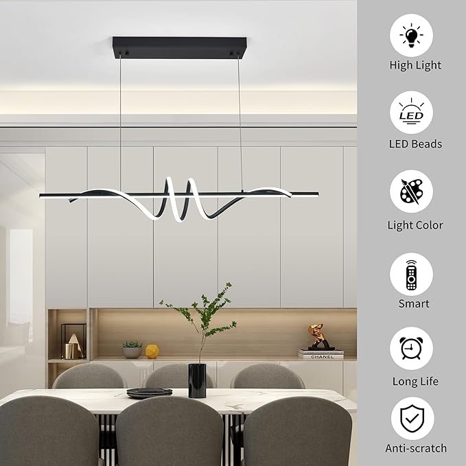 Modern LED Pendant Light, 39.37in Black Chandelier Dimmable