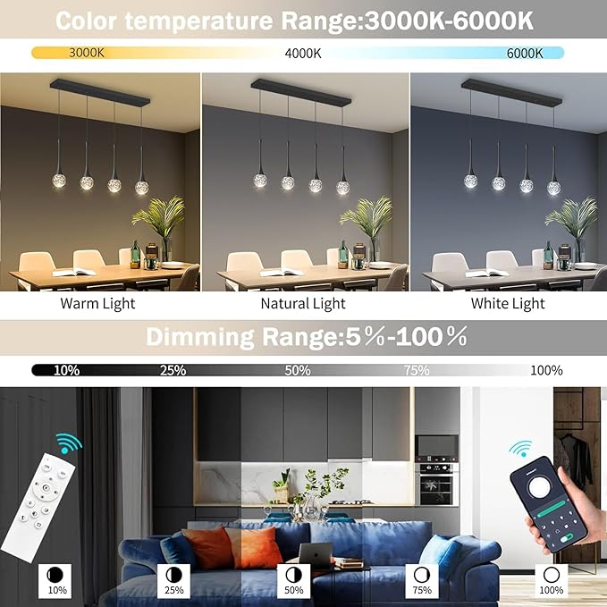 4-Lights Modern Pendant Lights for Kitchen Island LED Dimmable Crystal Glam