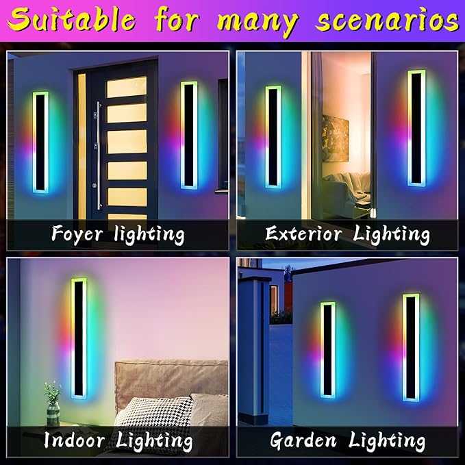 Widened 2 Pack Modern Outdoor Wall Sconces, 31.4inch RGB Dimmable LED Lights