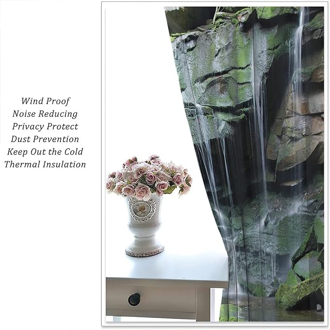Forest Waterfall Blackout Windows Curtains, Rocky Waterfall to Pond Running Off Scenic Nature Themed Picture Print Curtains, for Living Room Bedroom 42x45in 2 Panels