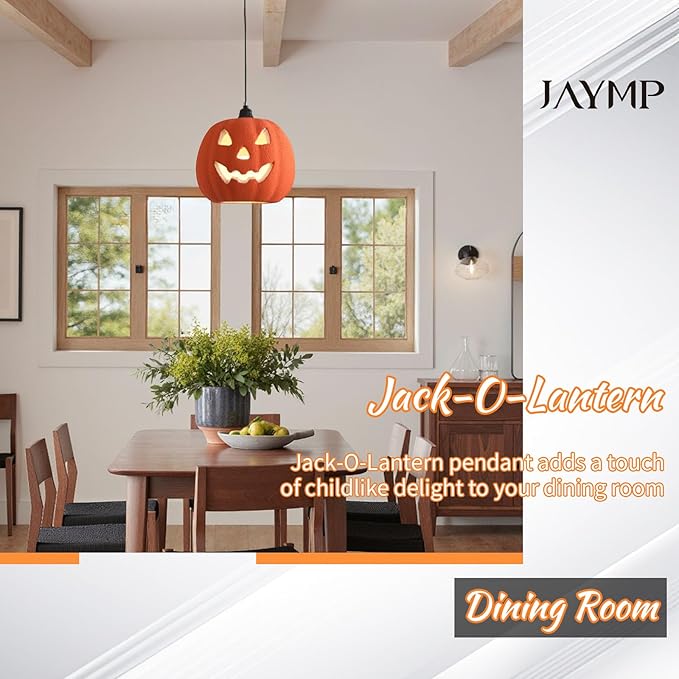 JAYMP Halloween Light Up Pumpkin Pendant Light, Jack O Lantern, Living Dining