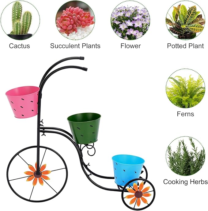 BAYN Bicycle Planter Stand, Metal Flower Pot Cart Holder with 3 Plant Bucket Outdoor Decorative for Patio, Deck, Garden or Lawn