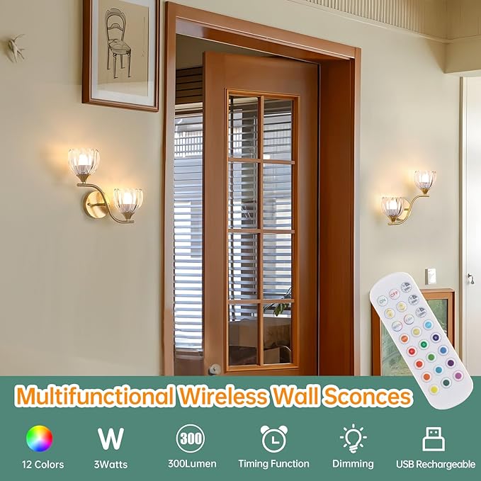 Battery Operated Wall Sconce, 2-Lights Vinatge Brass Wall Lighting