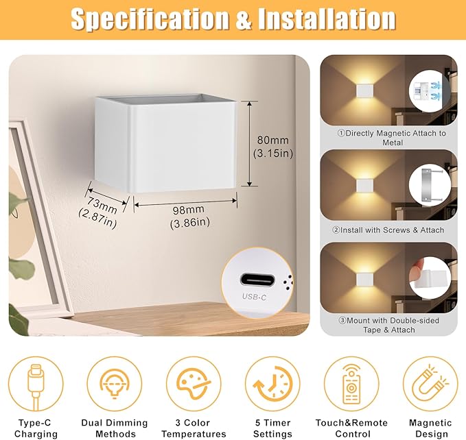 Motion Sensor Wall Light Indoor Set of 2, 6000mAh Wireless Rechargeable Battery