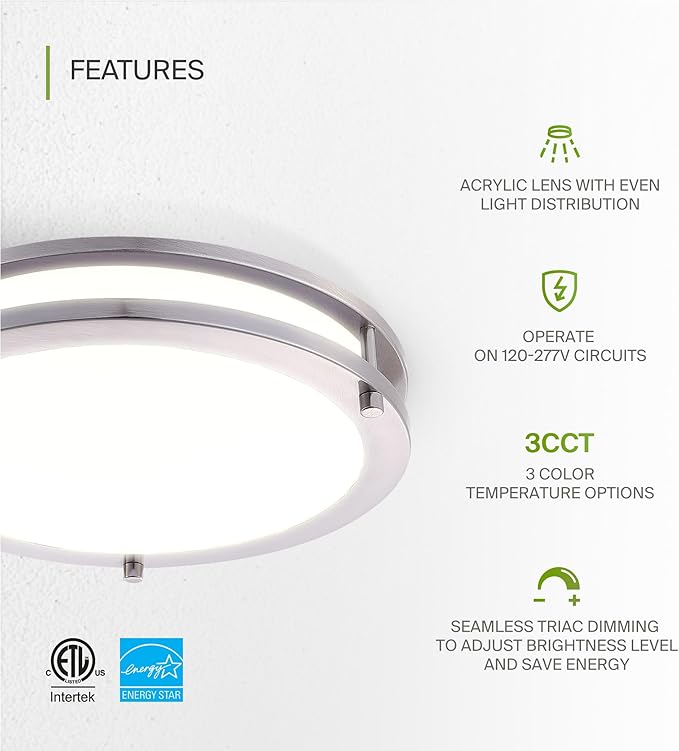 ASD LED 12" Round Flush Mount Lighting, Close to Ceiling Light Fixture | 3CCT