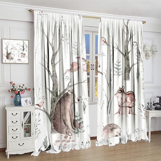 Watercolor Woodland Animal Curtains, Wildlife Bear Farmhouse Lodge Cabin Squirrel Owl Hedgehog Fox Blackout Rod Pocket Windows Door Curtain for Bedroom Living Room Home Decor 63x63in