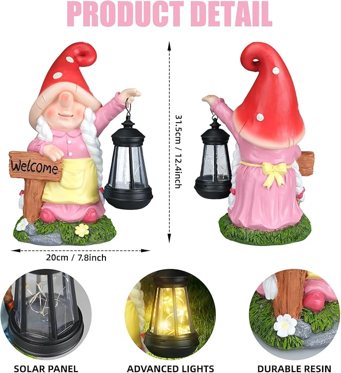 Solar Garden Gnome Statue Holding LED Lantern with Welcome Sign Outdoor Ornaments Waterproof Christmas Decoration for Outside Patio Yard Lawn Decor (Pink)