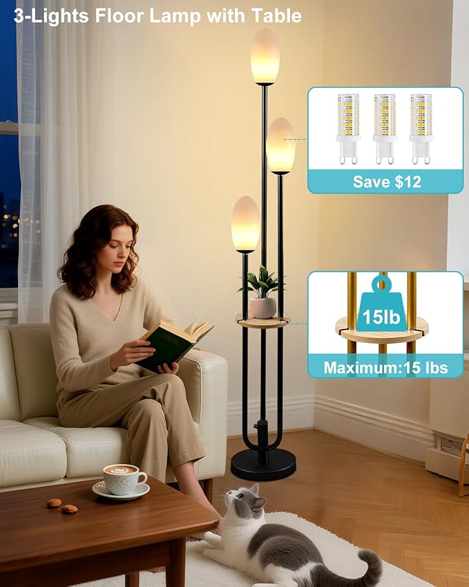 Black Dimmable Floor Lamp with Table, Unique Candle Holder Style Tall Standing
