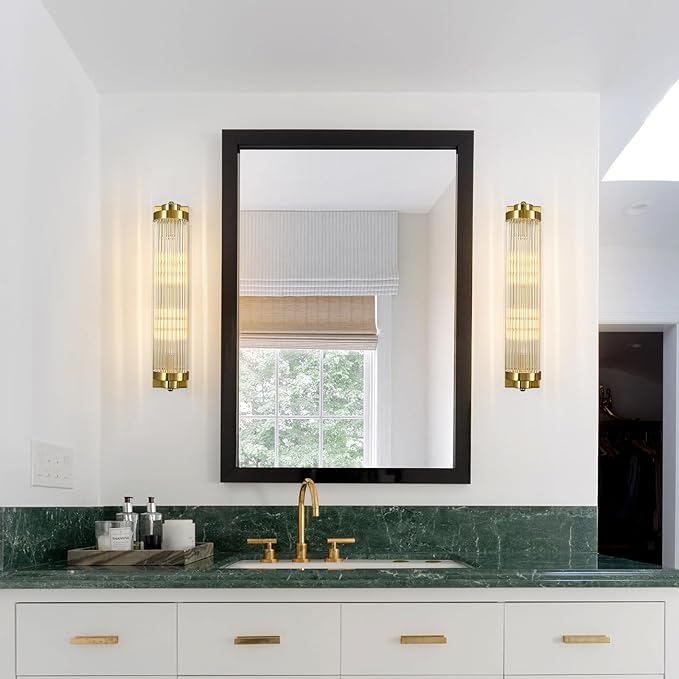 Gold Wall Sconces with Crystal Glass Strip Bathroom Sconces 2 Light E12 Base