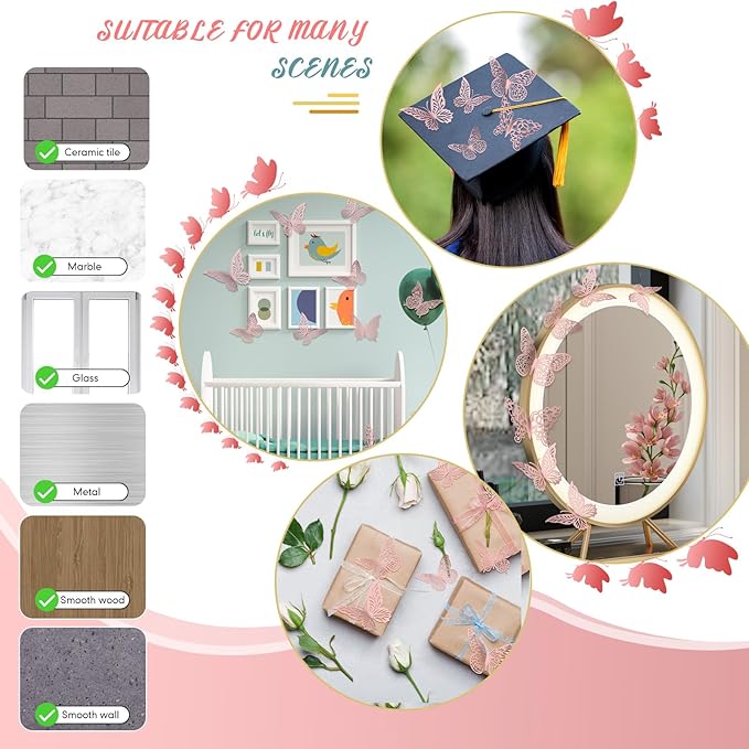 3D Pink Butterfly Wall Decor 3 Sizes 4 Styles Butterfly Party Decorations Cake Decorations Removable Stickers Wall Decor Room Mural Metallic Kids (Pink, 48Pcs)