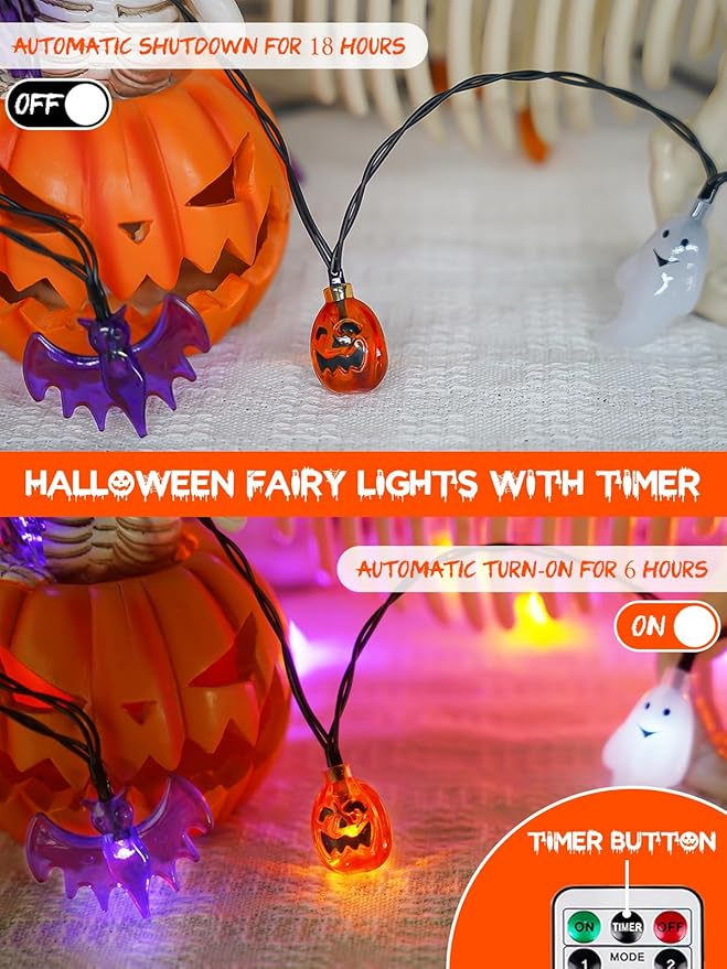Halloween String Lights, 3D Pumpkin Bat Ghost Fairy Lights Battery Operated