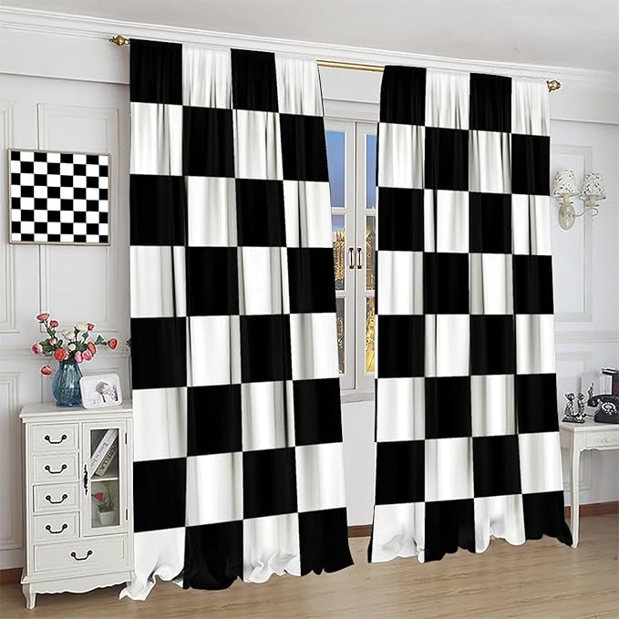 Black Checkered Curtains,70s Vintage Twisted Checkered Window Drapes Colorful Groovy Trendy Wavy Hippie Grid Print Window Treatments for Kids Boy Bedroom Living Room 63" W X 72" L