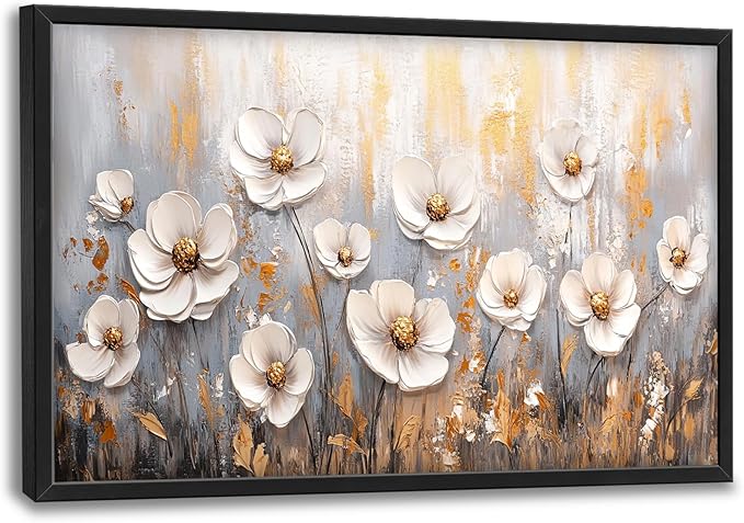 Olivine Flower Large Wall Art, White Floral Pictures Wall Decor, Retro Flowers Paintings Canvas Prints, Framed Artwork for Dining Room Bedroom Living Room Office Bathroom Home Decoration 36"x24"