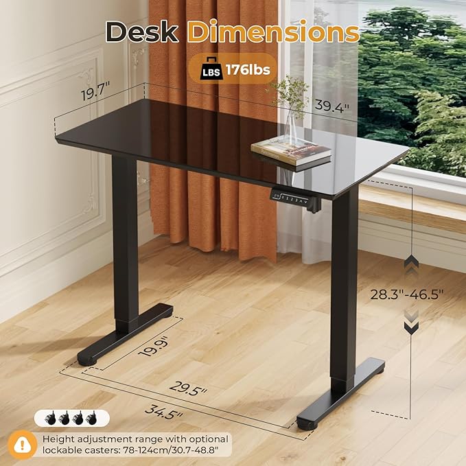 JOY worker Small Electric Standing Desk, 40" x 20" Whole Glass Piece Height Adjustable Desk with Memory Controller, Sit to Stand Desk Workstation for Home Office, Black