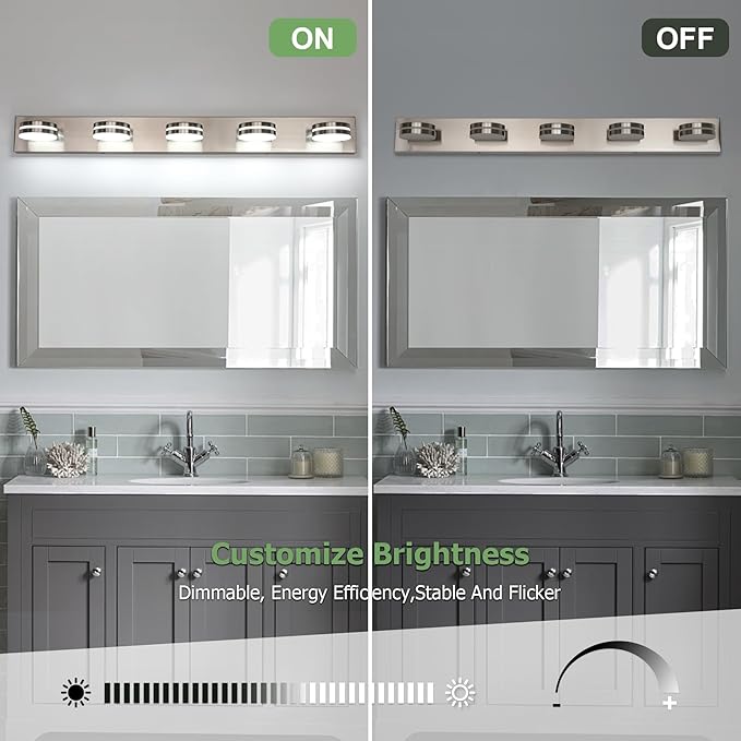 Brushed Nickel Bathroom Light Fixtures Over Mirror, 5-Light Bathroom Vanity