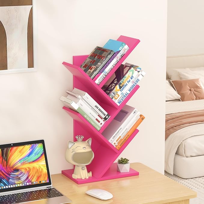 5 Tier Tree Book Shelf, Small Desktop Bookshelf with Storage Organizer, Wood Bookcase, Desk Display Bookshelves, Floor Standing Organizer Bookcases for Living Room,Bedroom,Office-Pink