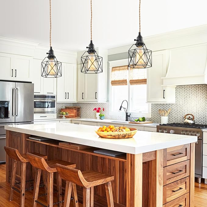 3-Light Hanging Light with Plug in Cord, Plug in Pendant Light 22ft Hemp Rope