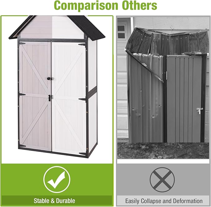 GUTINNEEN Outdoor Storage Shed with All Around Strong Metal Frame, Garden Tool Sheds Cabinet with Floor & Adjustable Shelves, Wooden Tool House for Backyard Garden Patio Lawn (White)