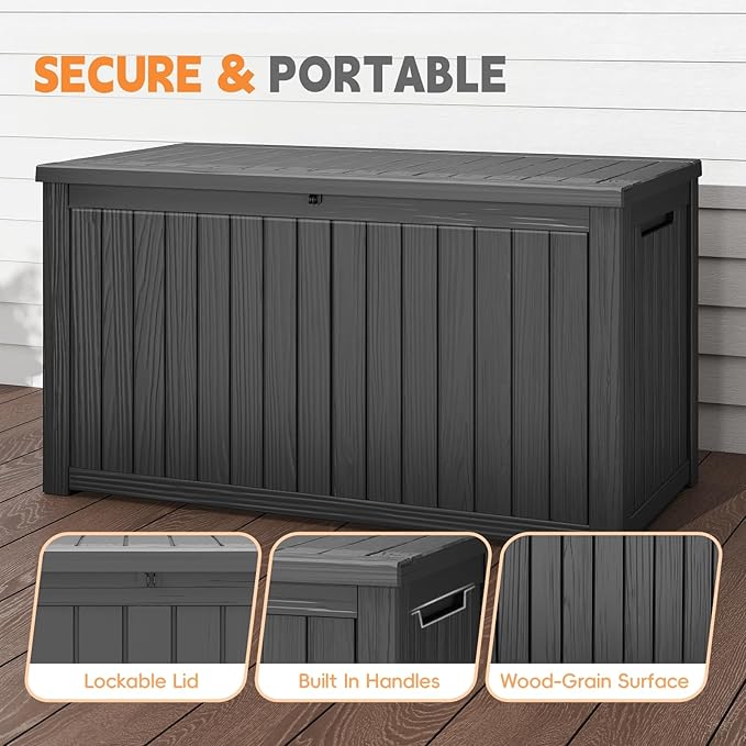 Outdoor Storage Box, 180 Gallon Waterproof Resin Deck Box, Storage Bin for Package Delivery, Patio Furniture Cushion, Garden Tools, Pool Accessories, Weatherproof and UV Resistant, Black