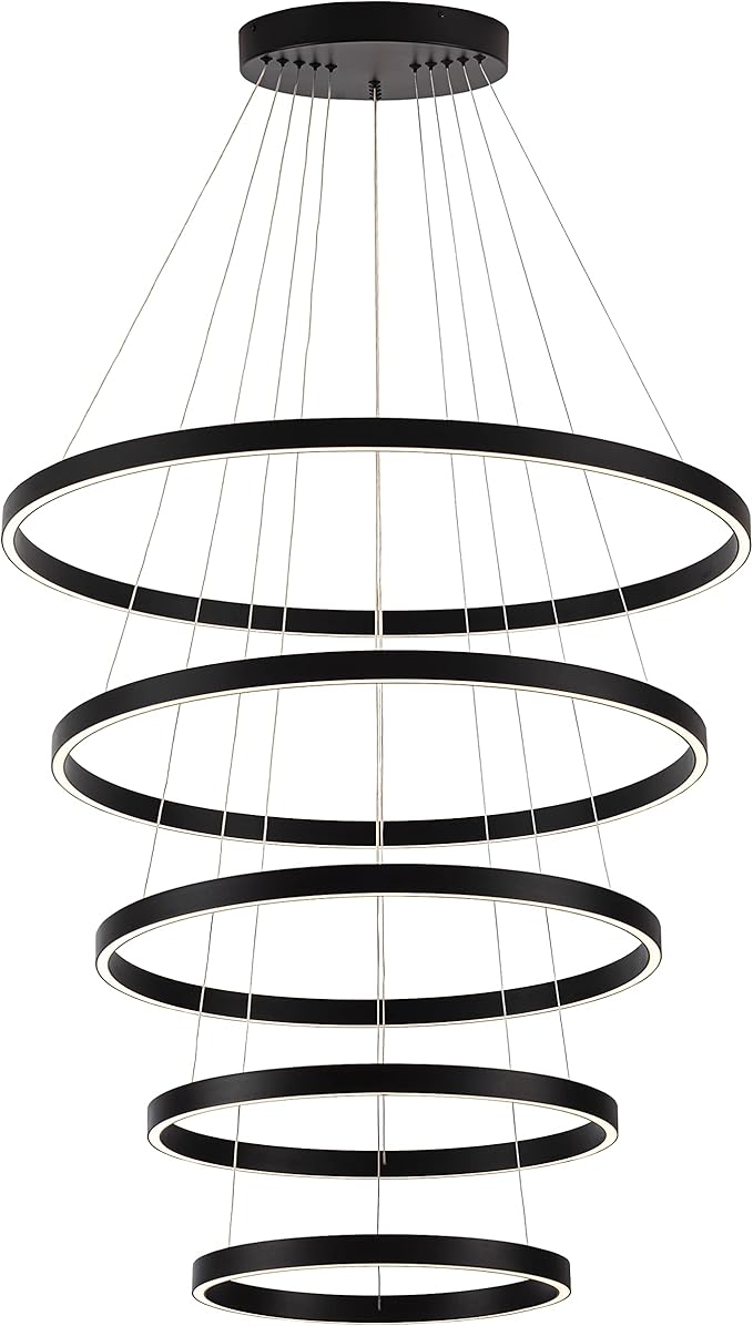 Elegant 5-Rings Black Modern LED Chandelier – Fully Dimmable High Ceiling