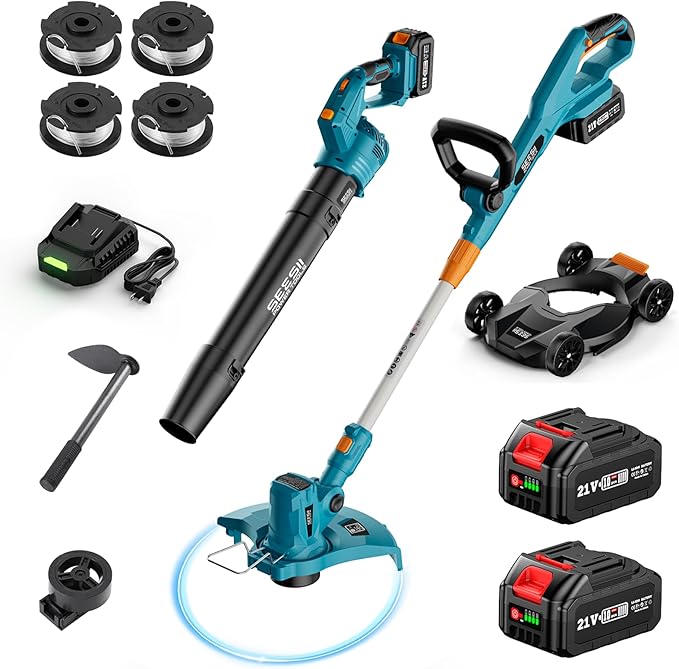 SEESII Electric String Trimmer and Leaf Blower Combo Kit, 3 in 1 Cordless Weed Wacker Grass Eater with 1.3"/2.1" Height, Battery 12" Lawn Mower & Rotary Handheld Blower with 5-Speed for Yard Lawn