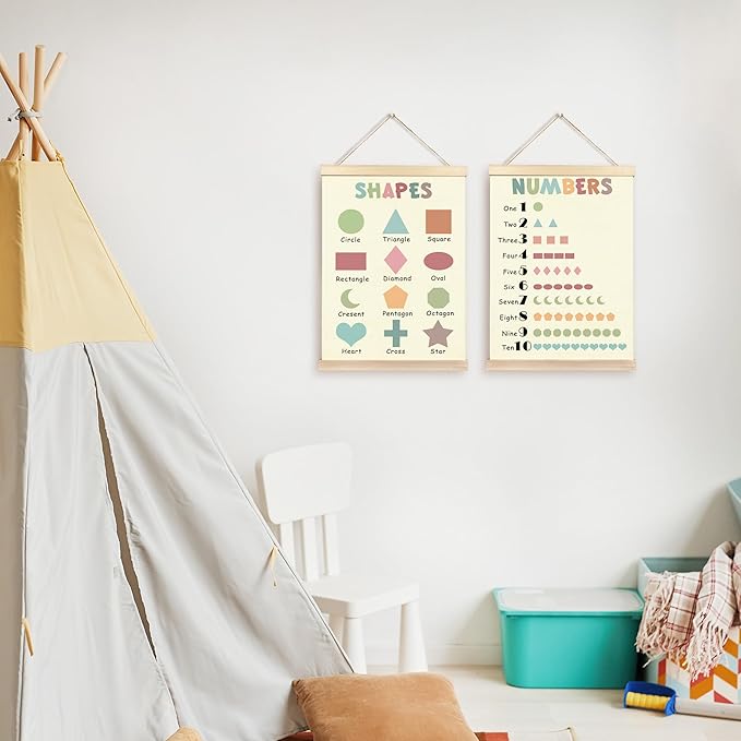 CGBHW Boho Educational Shape Poster Hanger Frame Set of 2, Geometry Number Learning Posters Wall Art Hanging Decor for Kids Room Nursery Classroom Home School Playroom Homeschool, 16x12 Inch