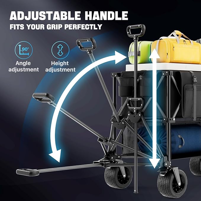 Folding Double Decker Wagon, 560LBS Heavy Duty Utility Cart with Brakes, 400L Wagon Cart with Wheels Foldable, All-Terrain Big Wheels for Camping, Beach, Picnic, Outdoor Use, Black