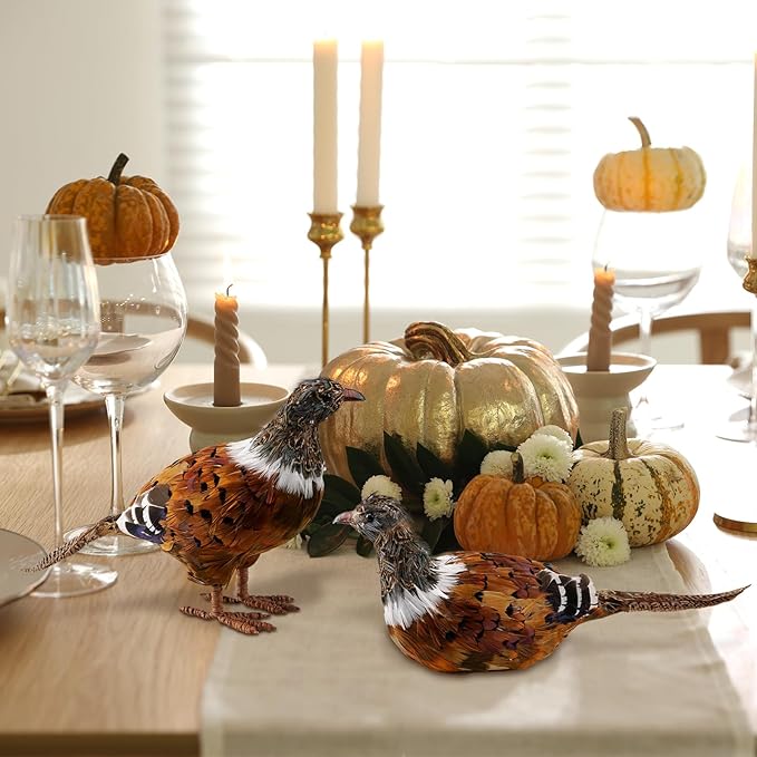 naturevibe Feathered Pheasant Decor Set of 2,Simulation Woodland Animals Figurines with Natural Pheasant Feathers as Fall Home Decor or Gifts for Autumn Harvest Festival
