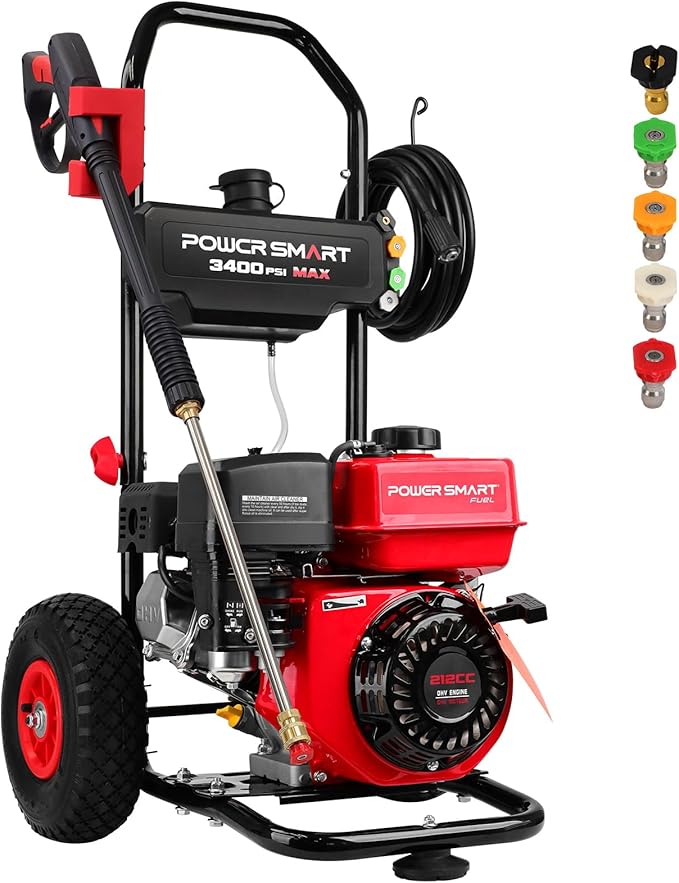 PowerSmart Gas Pressure Washer, 3400 PSI 2.5 GPM, 212CC, with Onboard Soap Tank, Metal Spray Wand, 5 Nozzles for Houses, Driveways, Walls, Cars, Fences, Patios