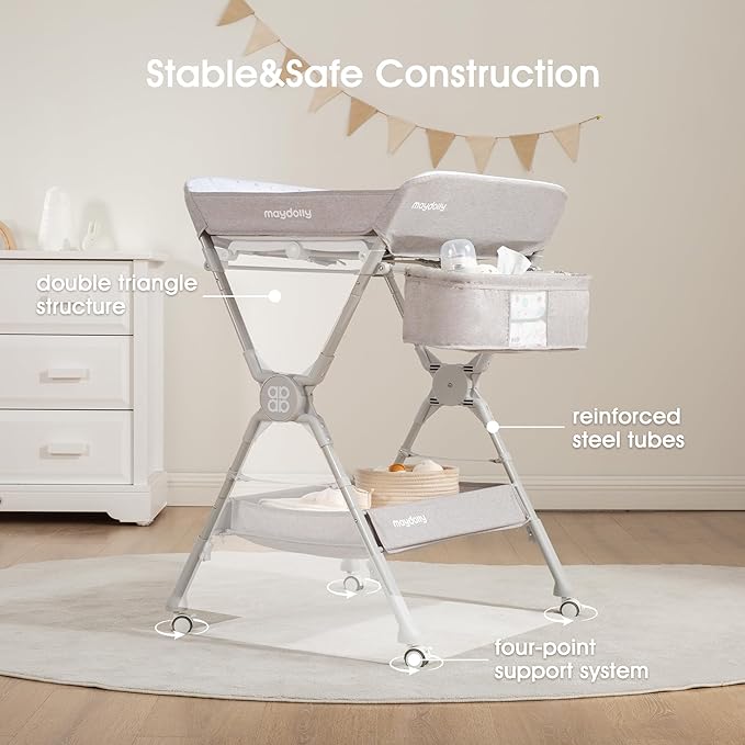 Maydolly Changing Table，Portable Diaper Changing Station, Foldable Baby Changing Table,Compact Nursery Diaper Changing Table for Baby，Adjustable Height，Mobile on Wheels, Grey