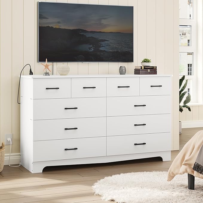 DICTAC White Dresser for Bedroom with 10 Drawers, Large Chest of Drawers Storage Organizer, Long Dresser TV Stand with Power Outlets, Wide Dressers for Bedroom, Living Room 55.1" W x 32.3" H x 15.8" D