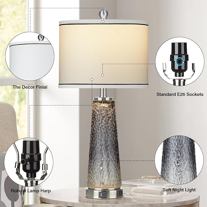 Glass Table Lamp Set of 2, Touch Control Bedside Nightstand Lamp