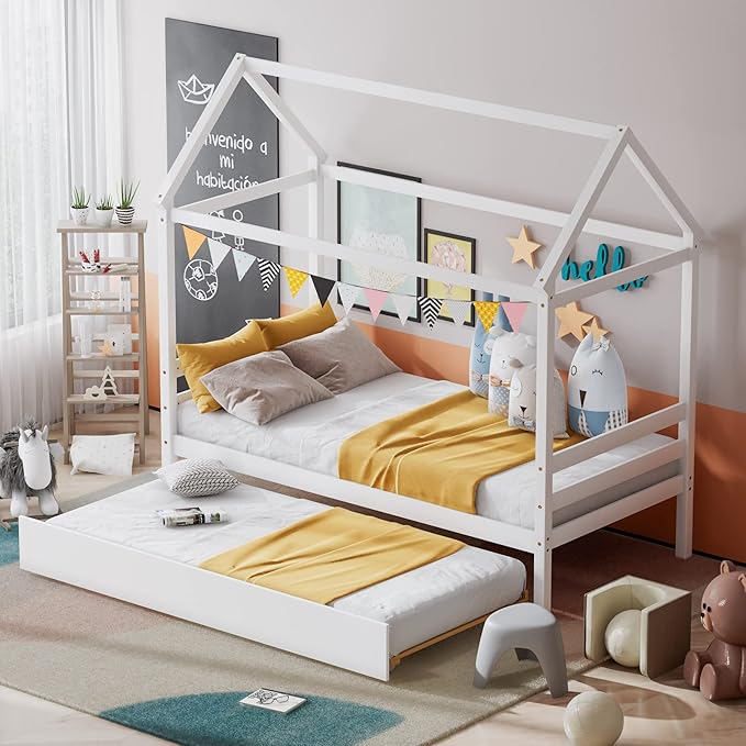 KOMFOTT Twin House Bed with Trundle, Solid Wood Playhouse Platform Bed Frame, Kids Daybed with Roof for Girls & Boys, No Box Spring Needed, Noise-Free Design, Easy Assembly, White