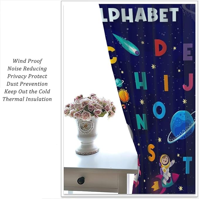 Alphabet Curtains Kids Outer Space Cartoon Universe Planet Educational Learning Curtain with Rod Pocket for Bedroom Nursery Decor Drapes Window Treatments 2 Panels Set 63" W X 63" L