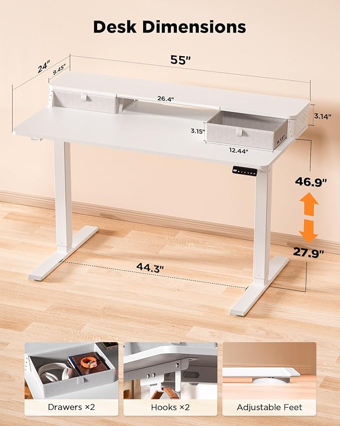 55x24 Inch Standing Desk with Double Drawers, C-Clamp Mount Compatible, Electric Adjustable Height Computer Stand Up Desks, Home Office Sit Stand Table with 3 Preset Heights & 2 Hooks, White