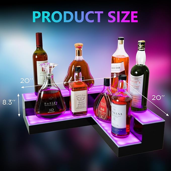 Corner Led Lighted Liquor Bottle Display Shelf, 20 Inch 2 Tier Whiskey Rack