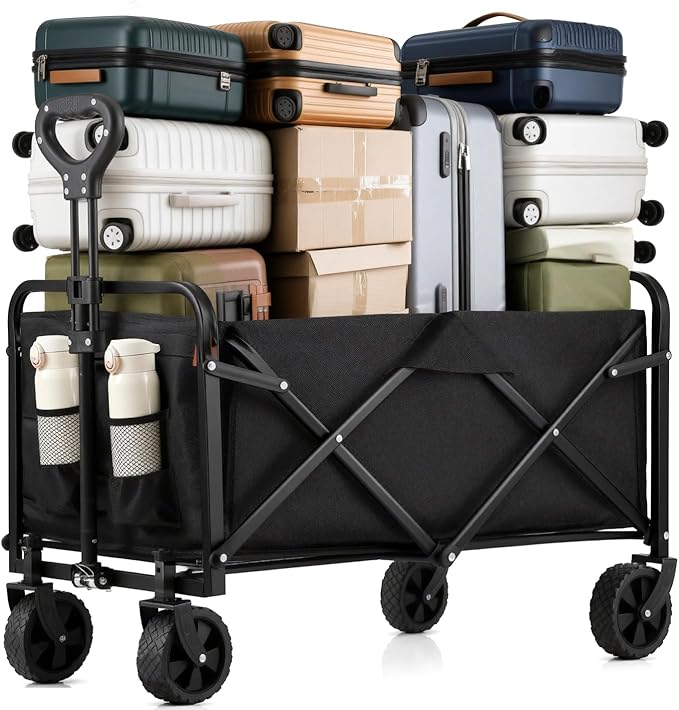 Collapsible Wagon Cart Foldable 37" L 480lbs Capacity, Heavy Duty Beach Wagon, Shopping Carts with Wheels for Grocery, Camping, Shopping, Beach, Fishing, Garden Cart
