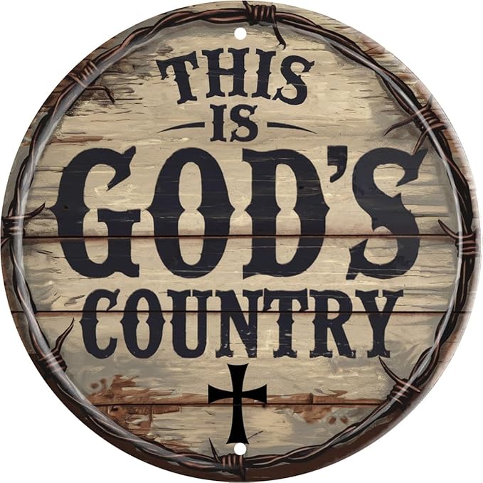 God's Country Welcome Sign for Front Door Round Metal Door Sign 8x8 Inch Home Art Office Coffee Shop or Bedroom Decor Gift Creativity