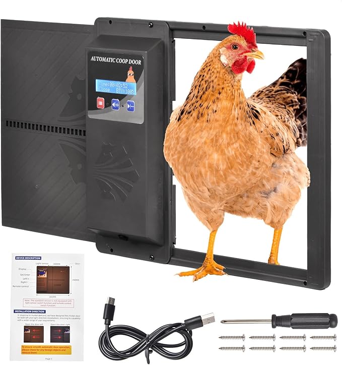 Programmable Chicken Automatic Door with Timer and LCD Display Double Power Supply(USB Charging/Battery Holder) Chicken Coop Door Anti-Pinch Protection for Poultry Black